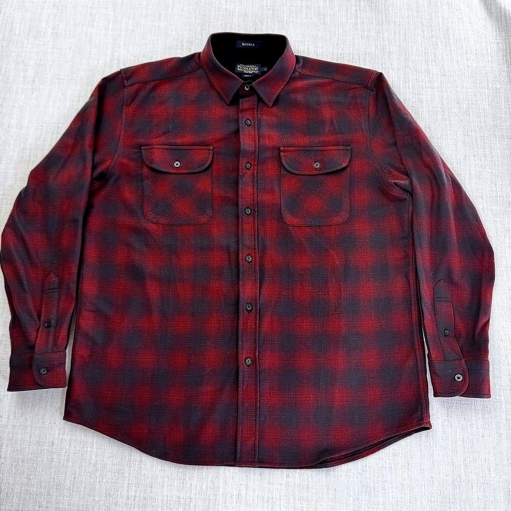 Pendleton Maverick Mens Large Red Navy Blue Plaid Virgin Wool Flannel‎ Shirt
